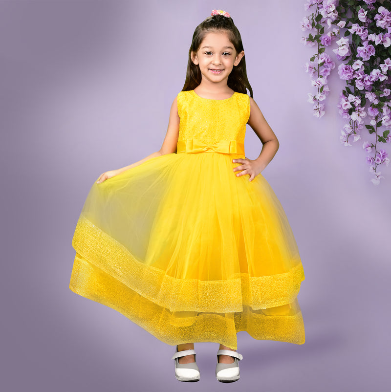 Yellow Sleeveless Sequin Gown with Mesh Layers & Bow Waist Detail - Full-Length