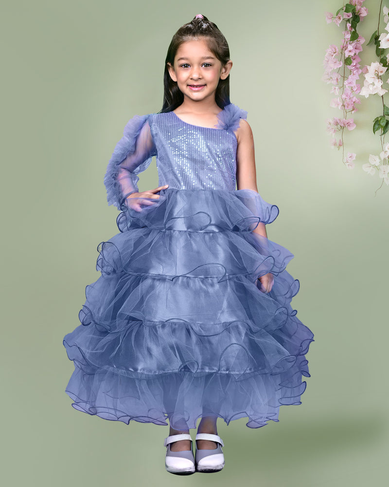 Havelock Blue Sequined Frill Detailed Full Length Dress