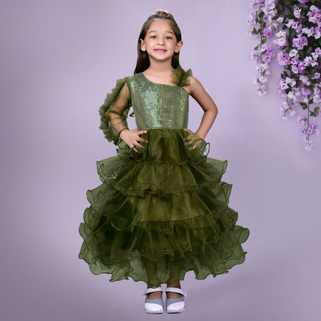 Olive Green Sequined Frill Detailed Full Length Dress