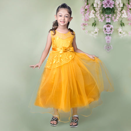 Golden Yellow Floral Embroidered Tulle Full Length Party Dress