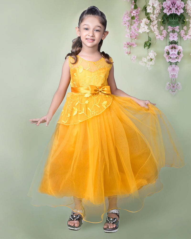 Golden Yellow Floral Embroidered Tulle Full Length Party Dress