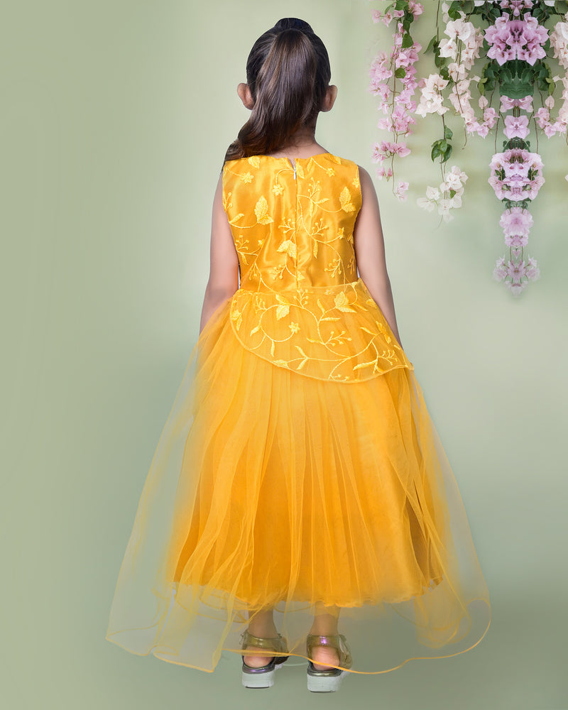 Golden Yellow Floral Embroidered Tulle Full Length Party Dress