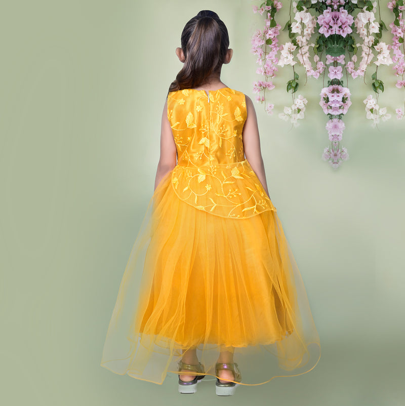 Golden Yellow Floral Embroidered Tulle Full Length Party Dress