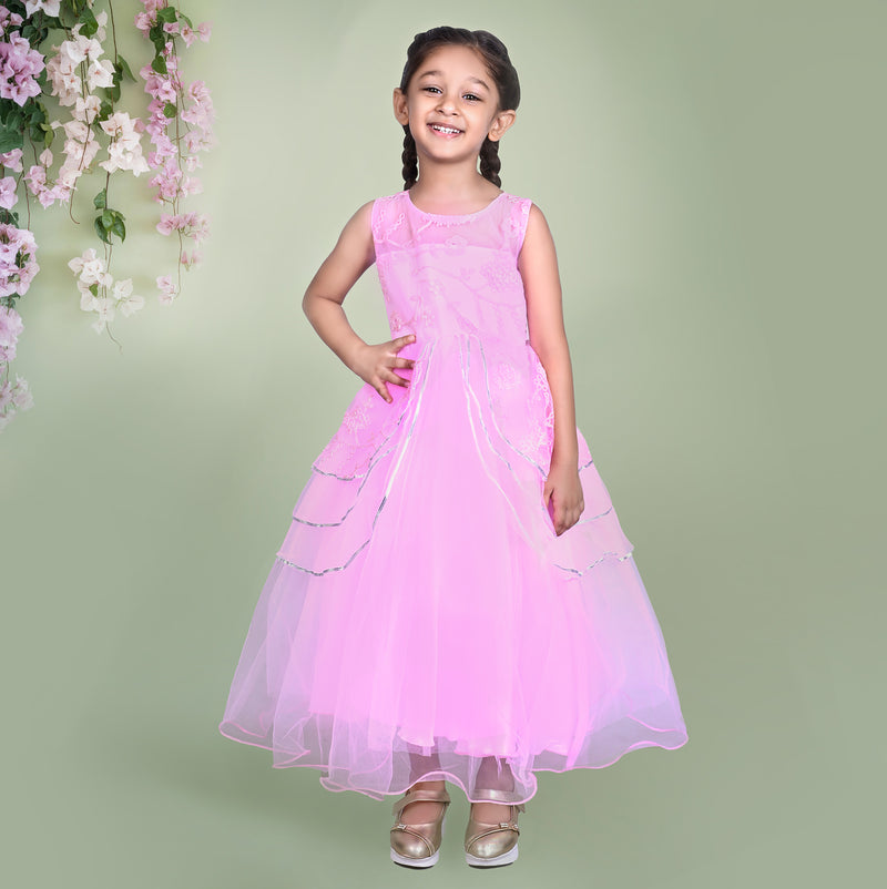 Pink Embroidered Party Dress with Layered Skirt and Floral Detailing