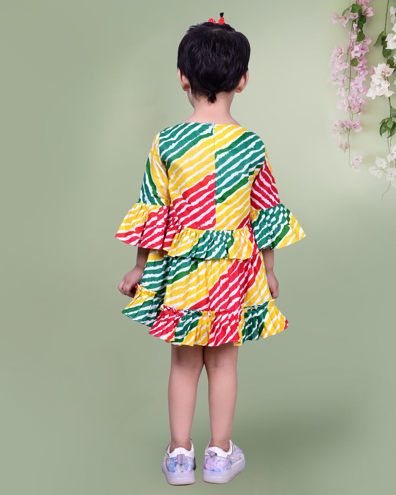 Multicolored Dress with Diagonal Striped Pattern and Ruffled Sleeves