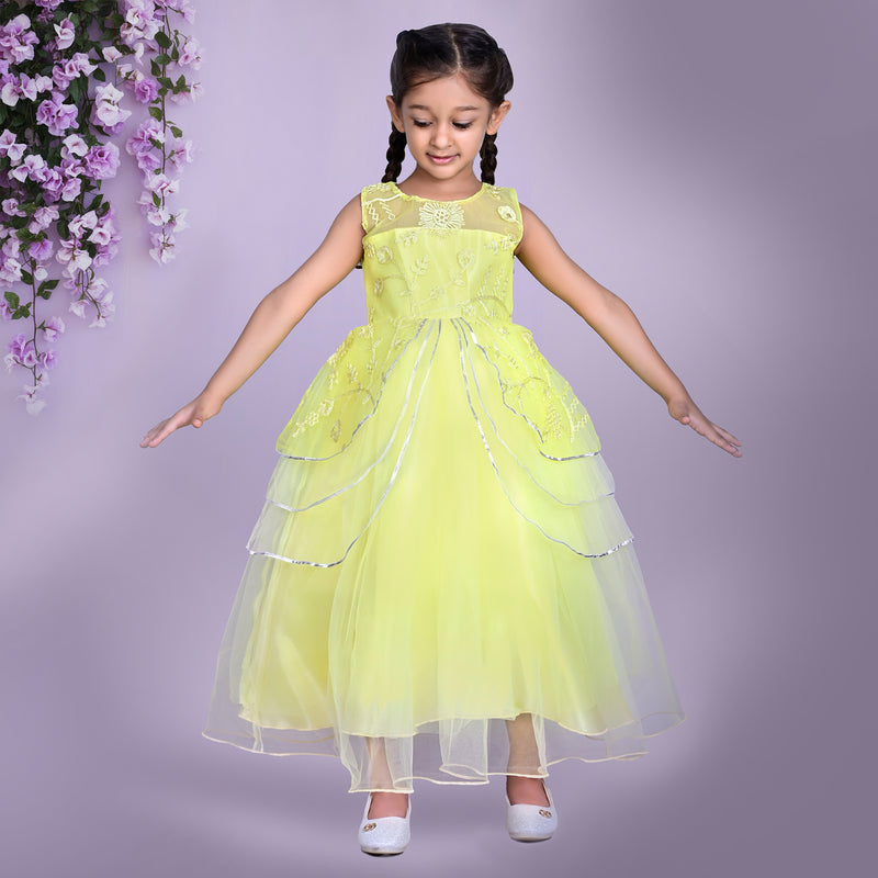 Yellow Embroidered Party Dress with Layered Skirt and Floral Detailing