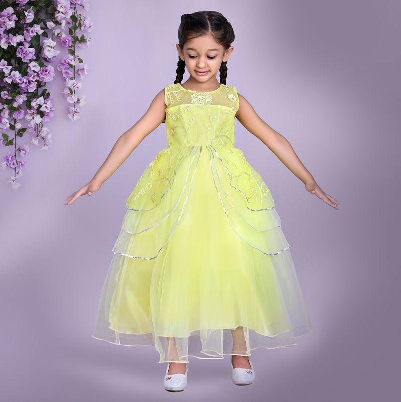Yellow Embroidered Party Dress with Layered Skirt and Floral Detailing
