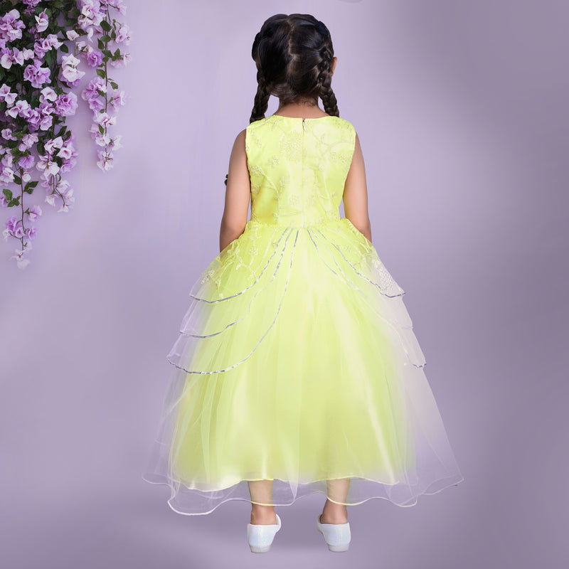 Yellow Embroidered Party Dress with Layered Skirt and Floral Detailing