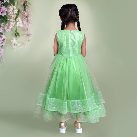 Light Green Sleeveless Sequin Gown with Mesh Layers & Bow Waist Detail - Full-Length
