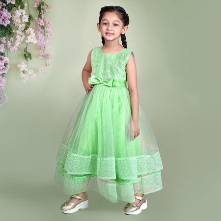 Light Green Sleeveless Sequin Gown with Mesh Layers & Bow Waist Detail - Full-Length