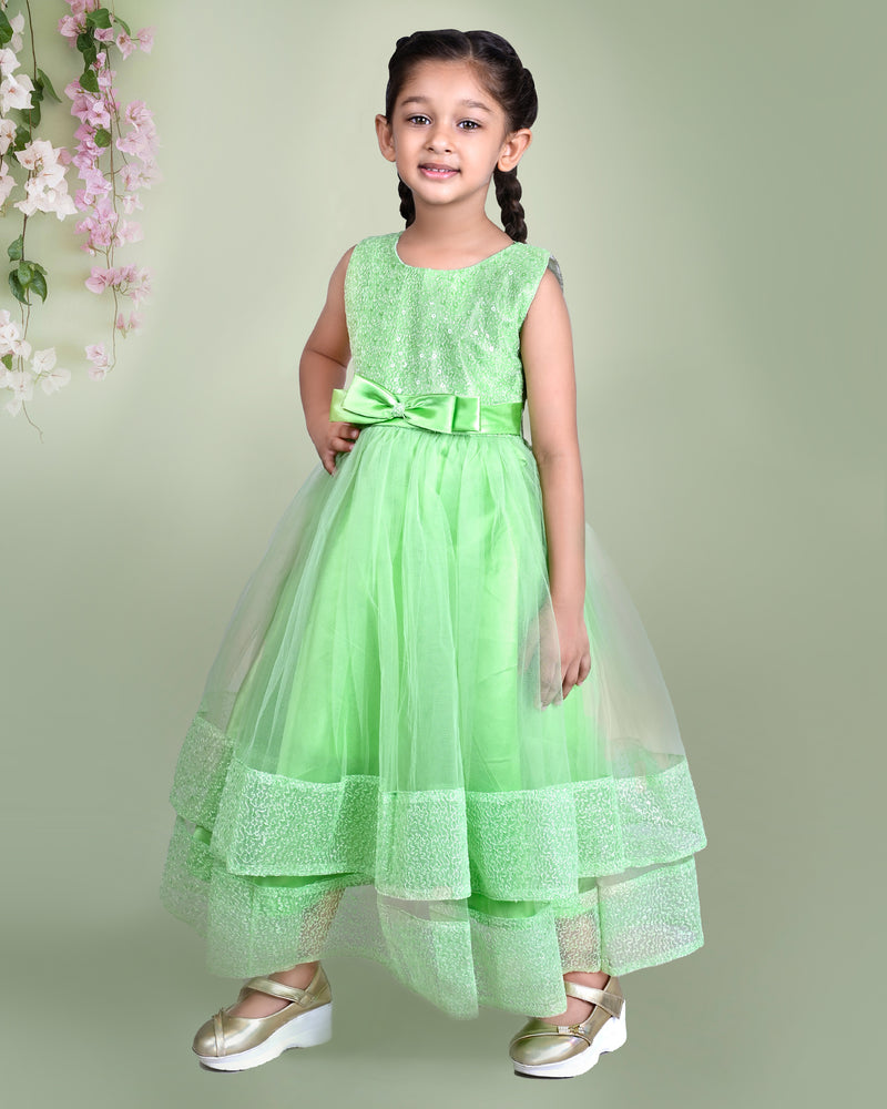 Light Green Sleeveless Sequin Gown with Mesh Layers & Bow Waist Detail - Full-Length