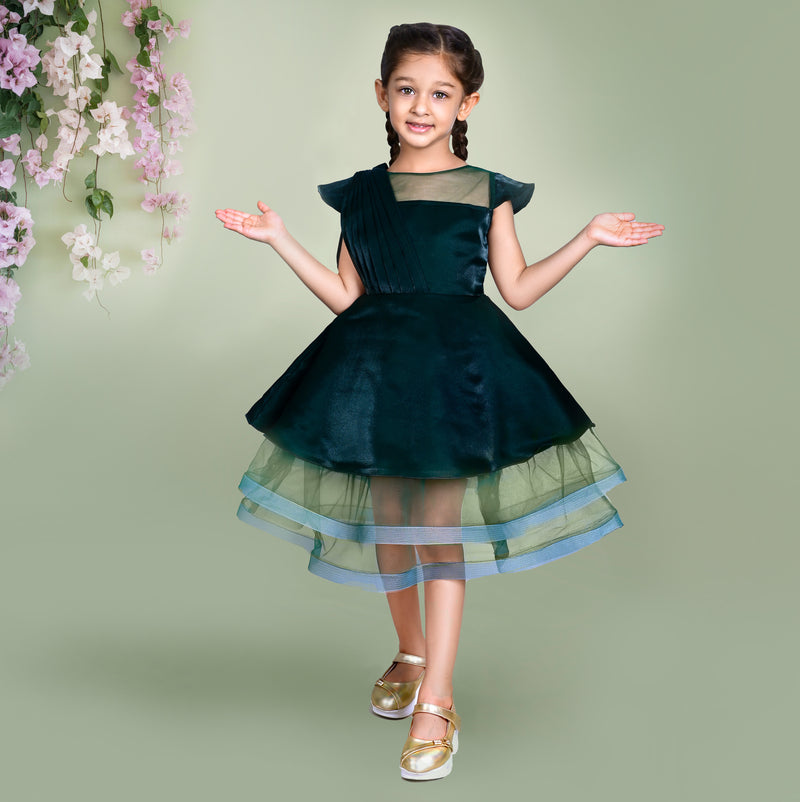 Dark Green Dress with Pleated Bodice and Layered Tulle Hem