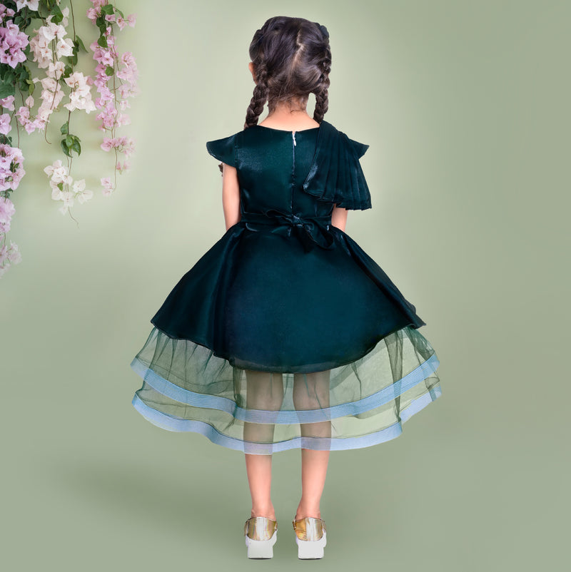 Dark Green Dress with Pleated Bodice and Layered Tulle Hem