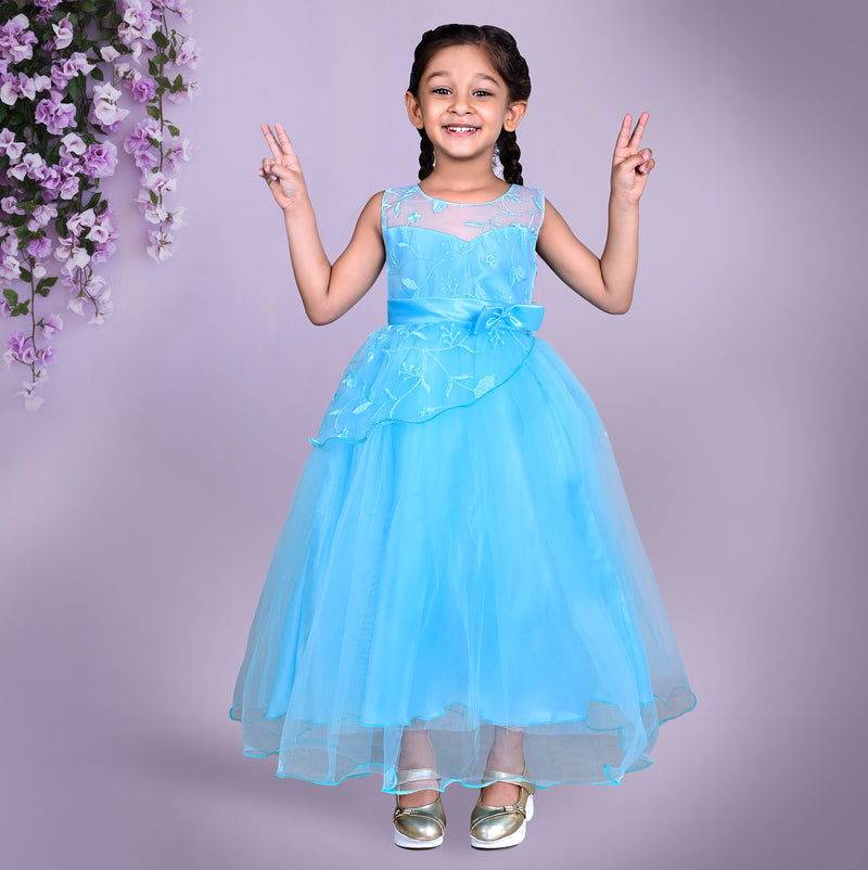 Blue Floral Embroidered Tulle Full Length Party Dress