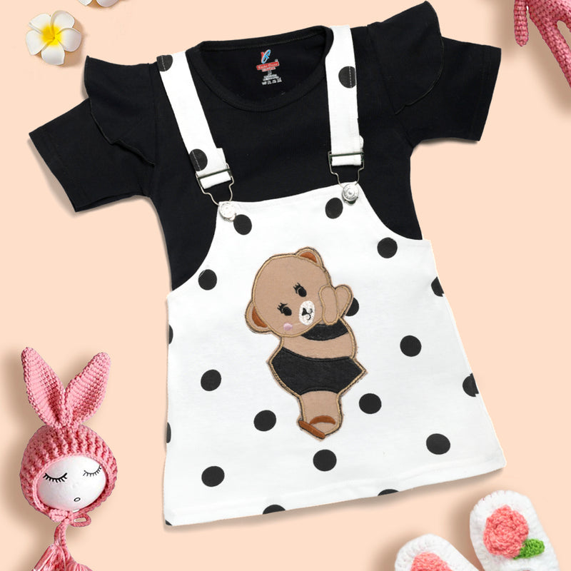 Baby Girl 100% Cotton Ruffle Trim Short-sleeve Romper and Bear Graphic Polka Dots Overall Dress Set Kinder Choice