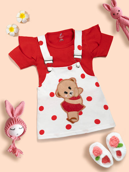 Baby Girl 100% Cotton Ruffle Trim Short-sleeve Romper and Bear Graphic Polka Dots Overall Dress Set Kinder Choice