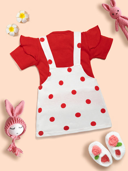 Baby Girl 100% Cotton Ruffle Trim Short-sleeve Romper and Bear Graphic Polka Dots Overall Dress Set Kinder Choice