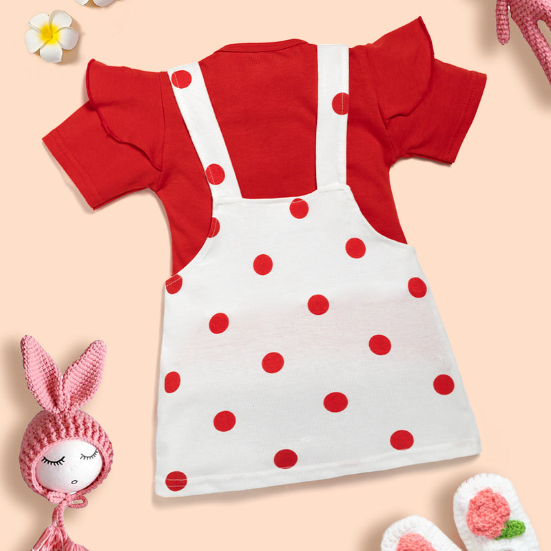 Baby Girl 100% Cotton Ruffle Trim Short-sleeve Romper and Bear Graphic Polka Dots Overall Dress Set Kinder Choice