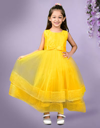 Yellow Sleeveless Sequin Gown with Mesh Layers & Bow Waist Detail - Full-Length
