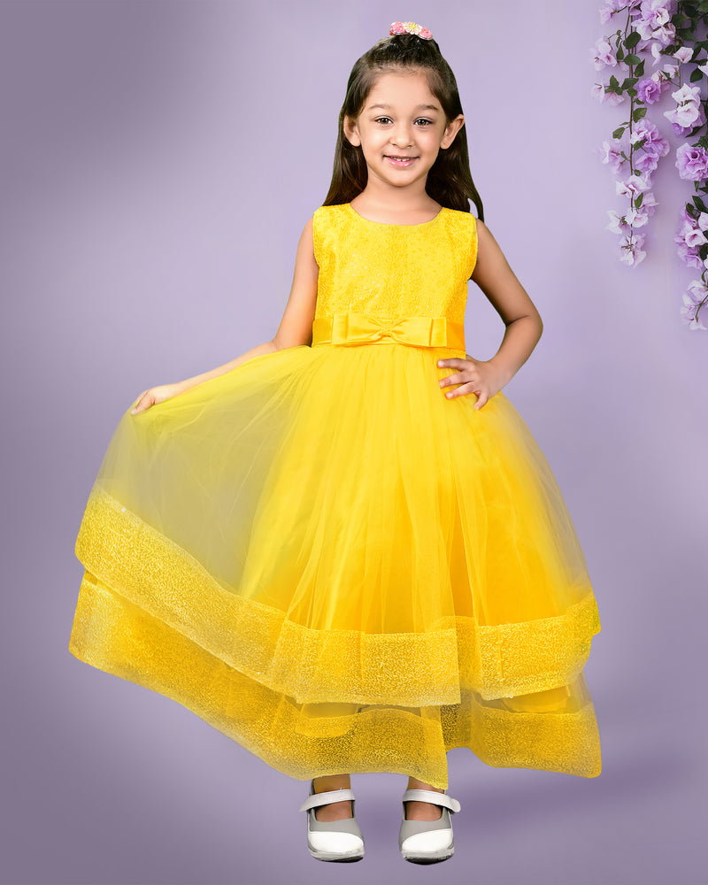 Yellow Sleeveless Sequin Gown with Mesh Layers & Bow Waist Detail - Full-Length