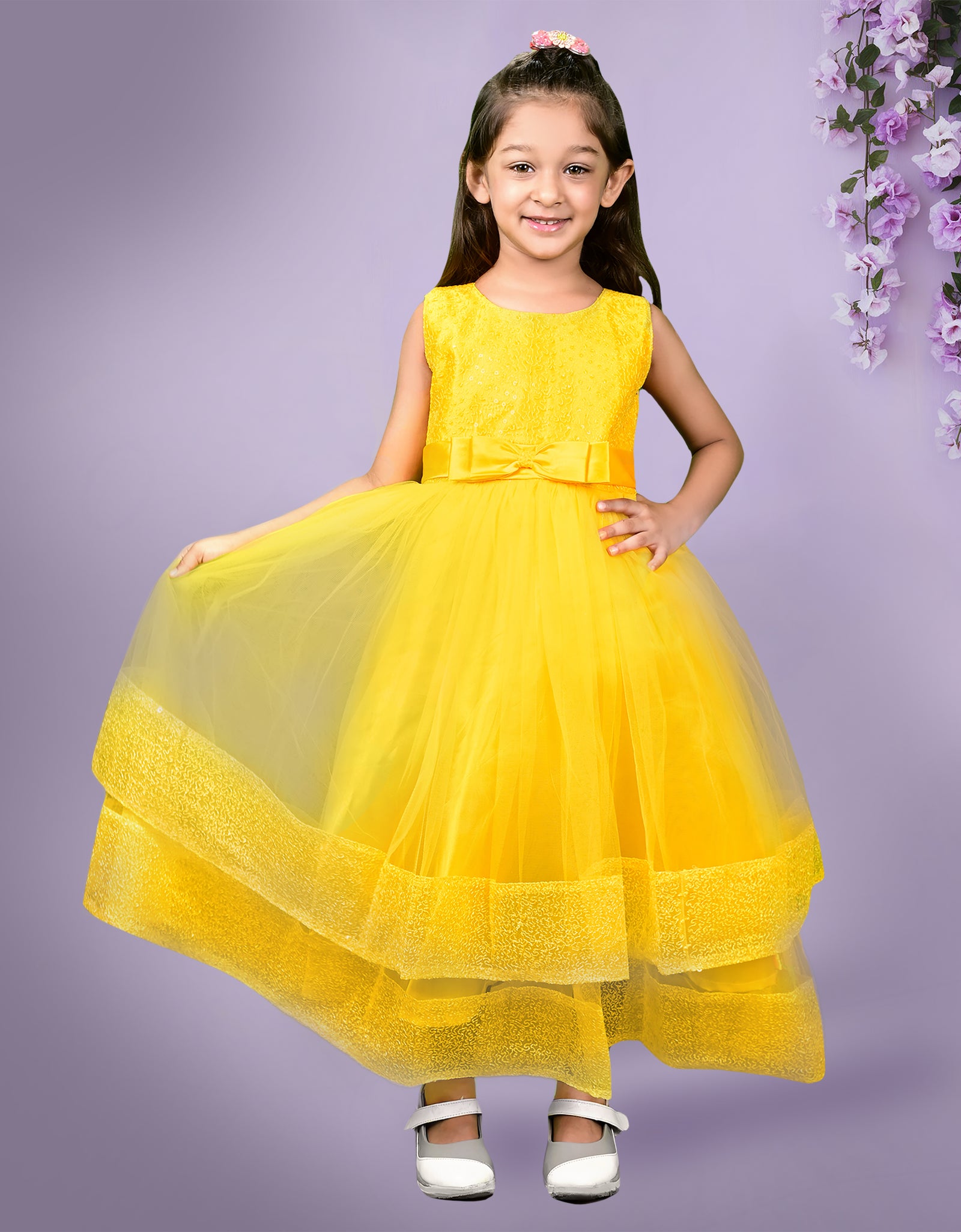 Yellow Sleeveless Sequin Gown with Mesh Layers & Bow Waist Detail - Full-Length