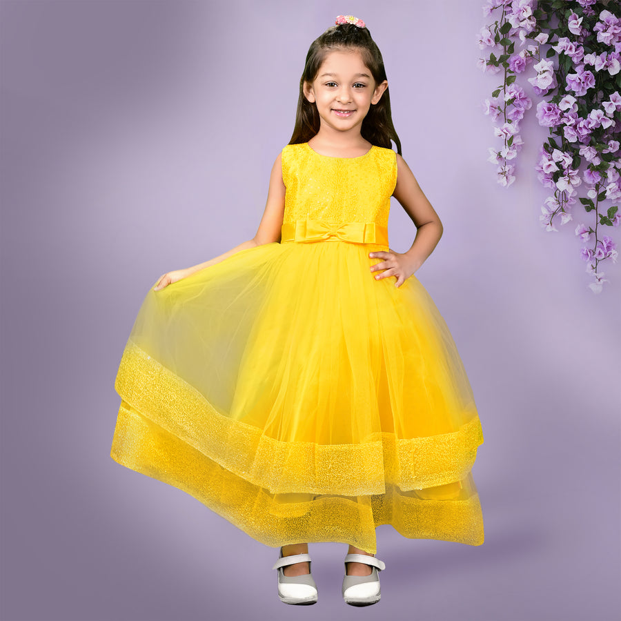 Yellow Sleeveless Sequin Gown with Mesh Layers & Bow Waist Detail - Full-Length