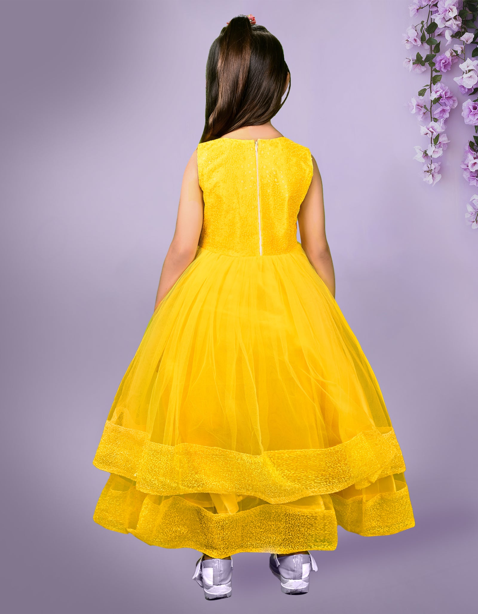 Yellow Sleeveless Sequin Gown with Mesh Layers & Bow Waist Detail - Full-Length