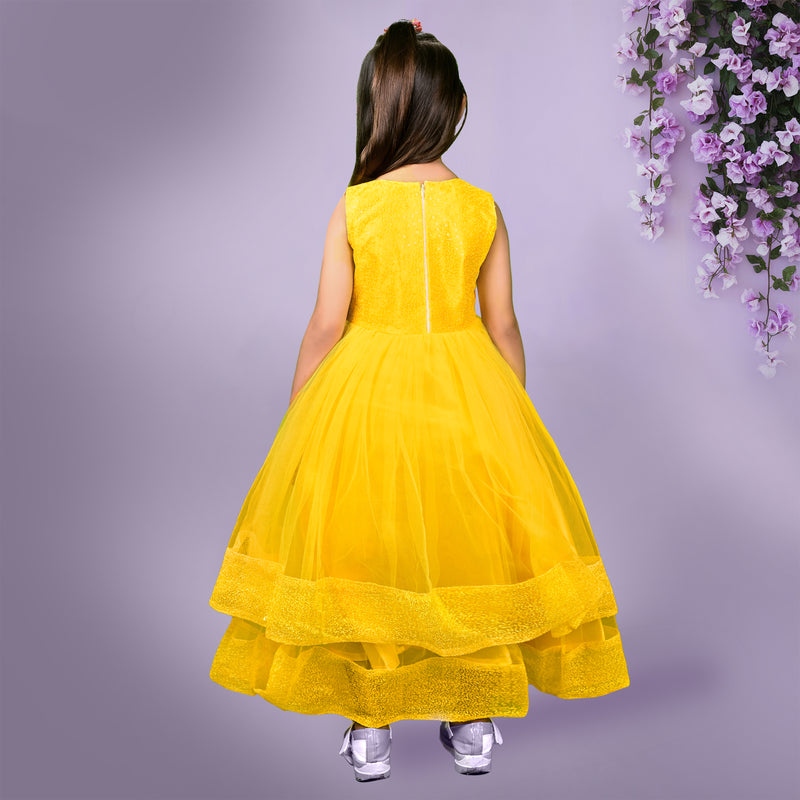 Yellow Sleeveless Sequin Gown with Mesh Layers & Bow Waist Detail - Full-Length