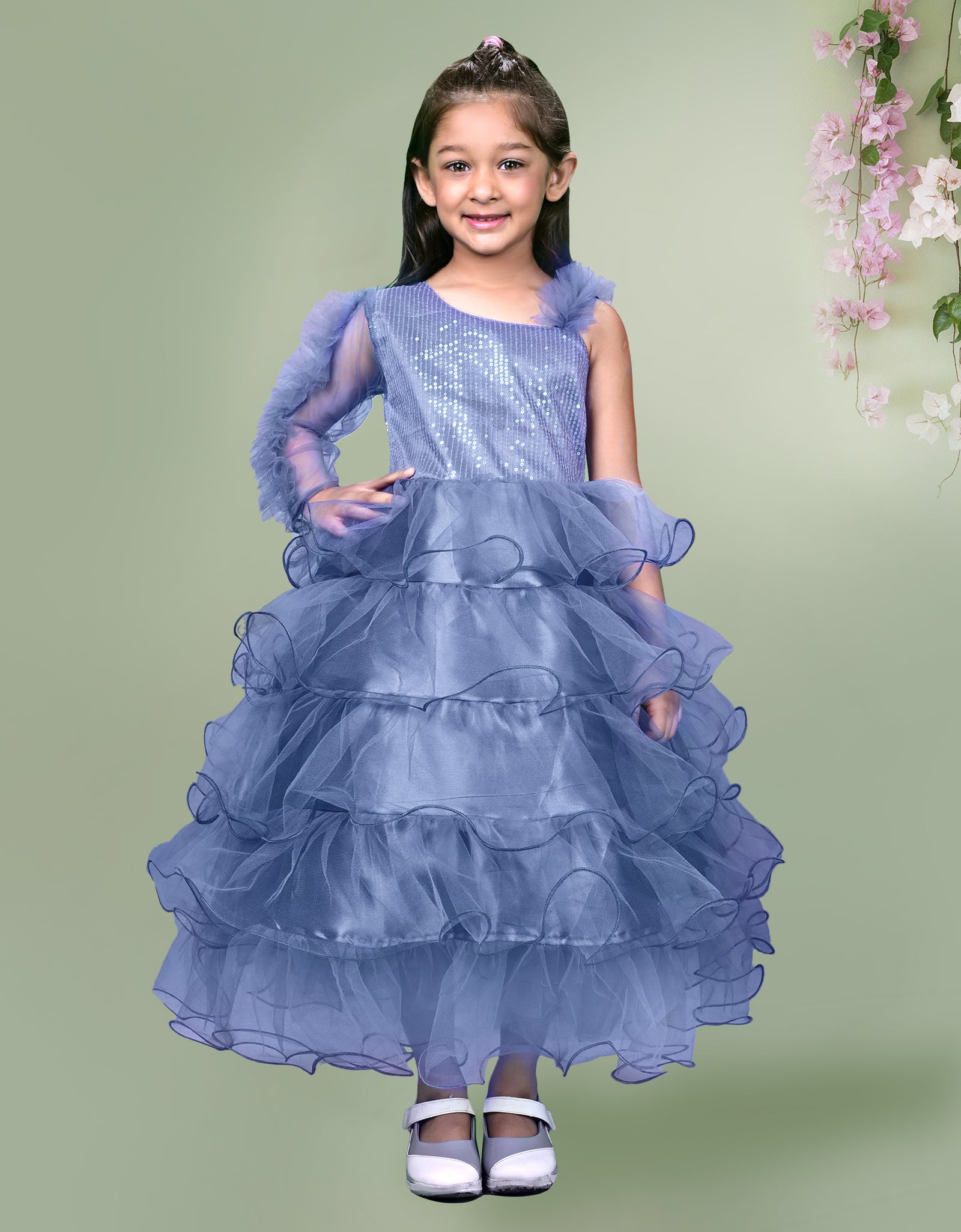 Havelock Blue Sequined Frill Detailed Full Length Dress