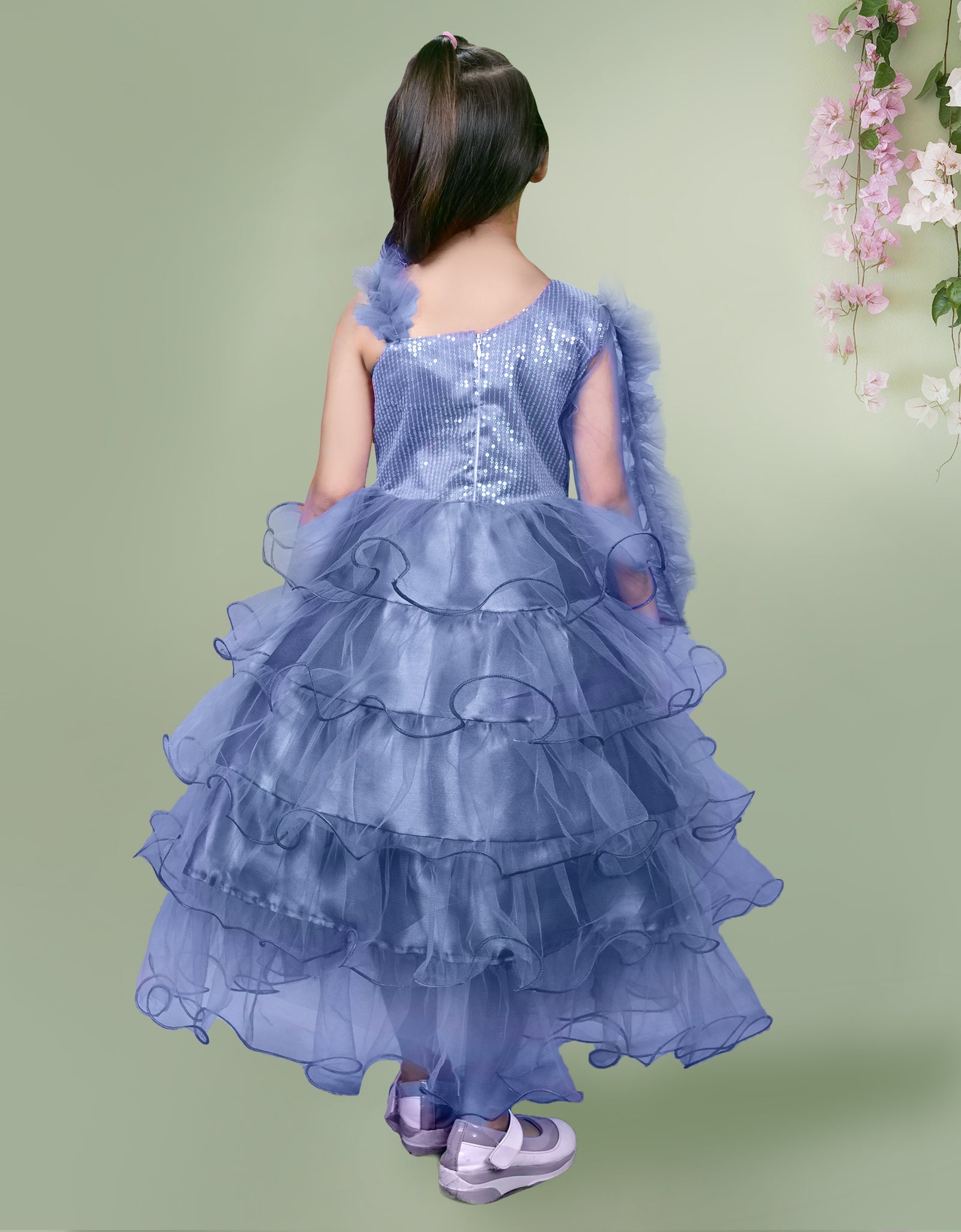 Havelock Blue Sequined Frill Detailed Full Length Dress