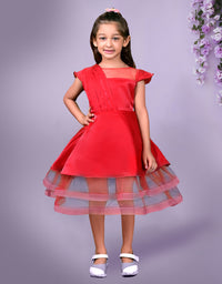 Red Dress with Pleated Bodice and Layered Tulle Hem
