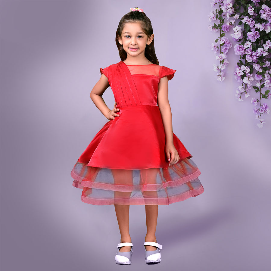 Red Dress with Pleated Bodice and Layered Tulle Hem