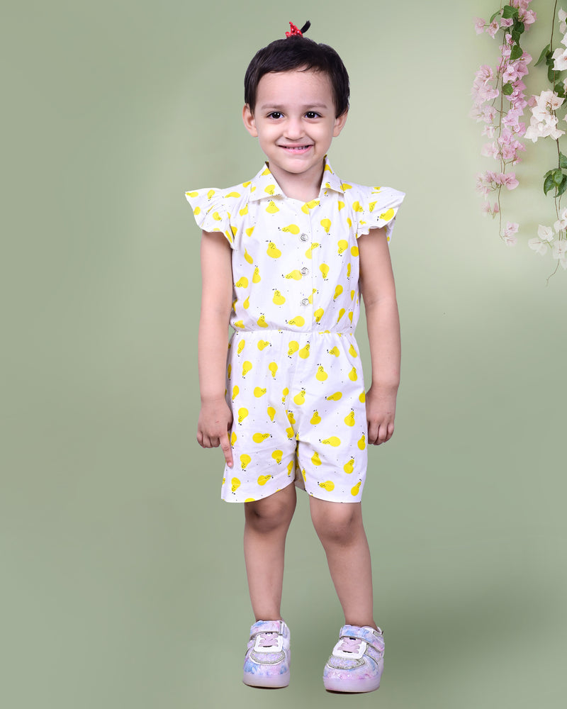White Playsuit with Yellow Fruit Print and Ruffled Sleeves