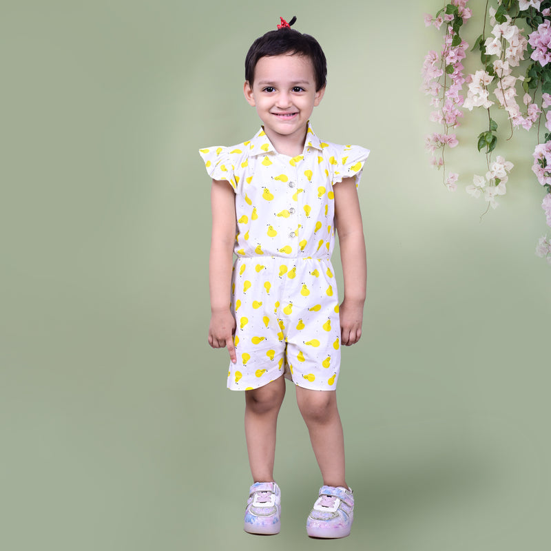 White Playsuit with Yellow Fruit Print and Ruffled Sleeves