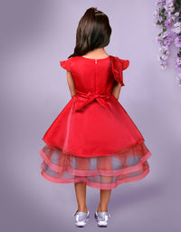 Red Dress with Pleated Bodice and Layered Tulle Hem
