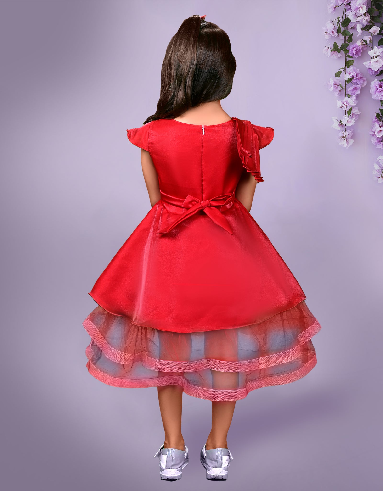 Red Dress with Pleated Bodice and Layered Tulle Hem