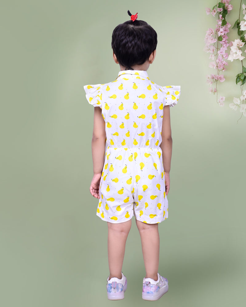 White Playsuit with Yellow Fruit Print and Ruffled Sleeves