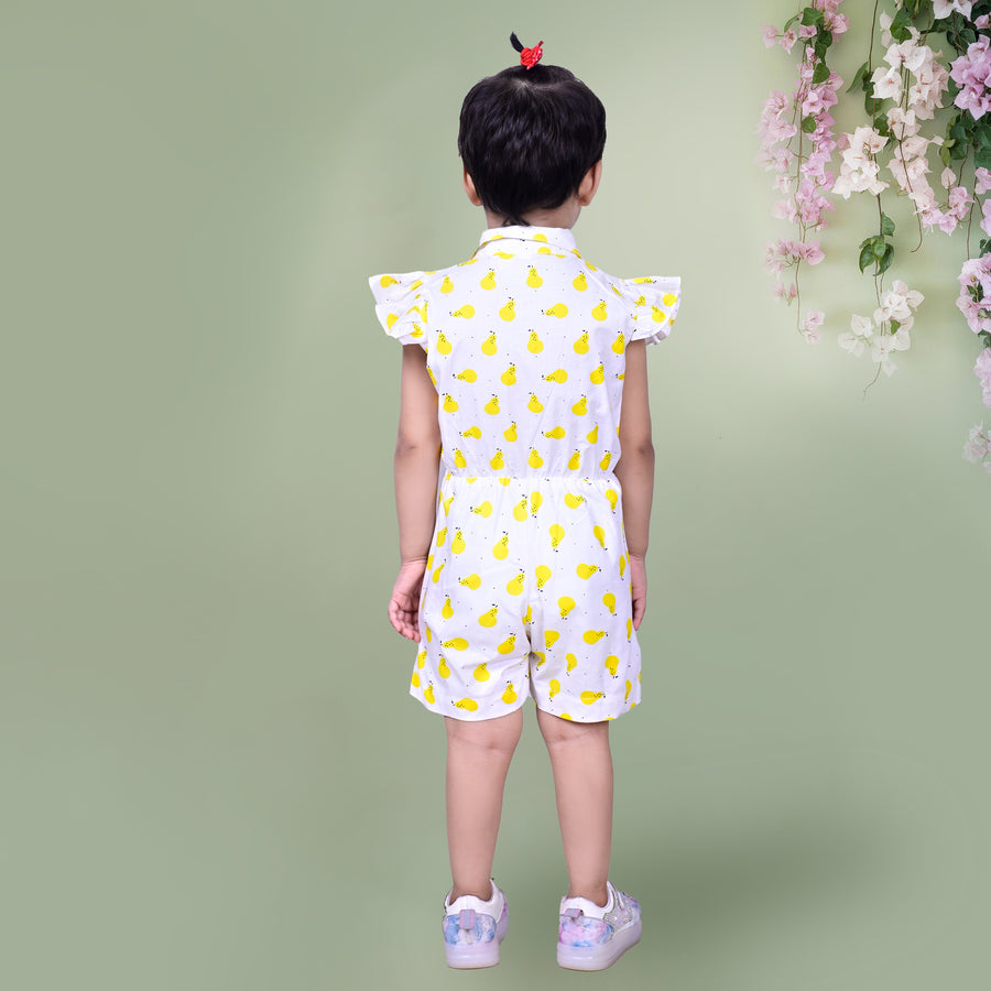 White Playsuit with Yellow Fruit Print and Ruffled Sleeves