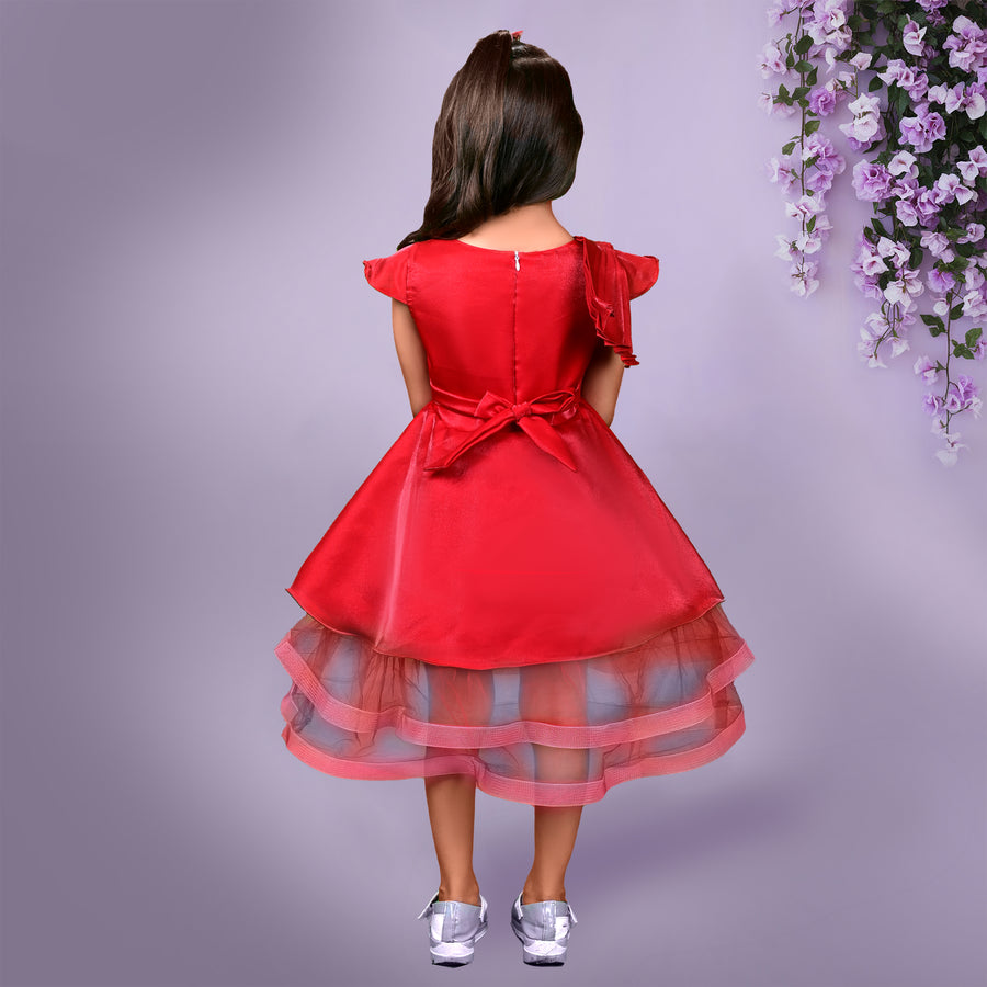 Red Dress with Pleated Bodice and Layered Tulle Hem