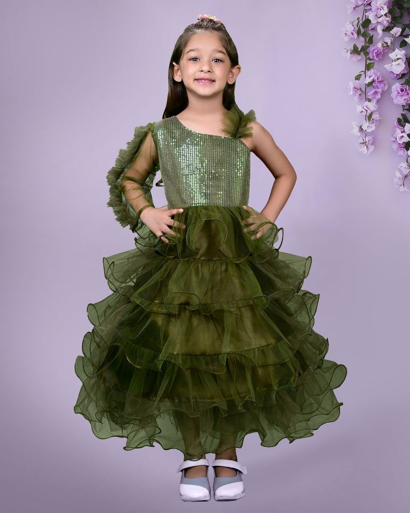 Olive Green Sequined Frill Detailed Full Length Dress