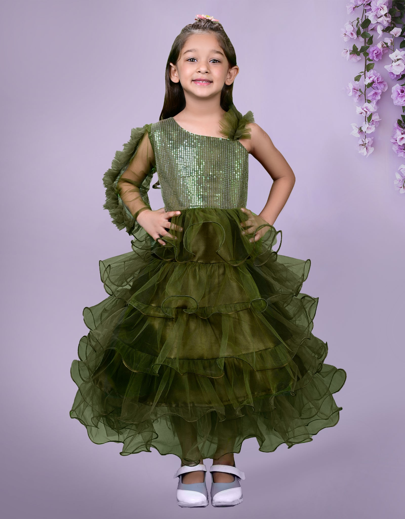 Olive Green Sequined Frill Detailed Full Length Dress