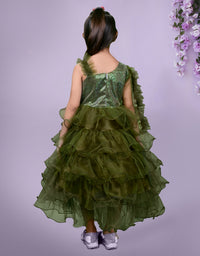 Olive Green Sequined Frill Detailed Full Length Dress
