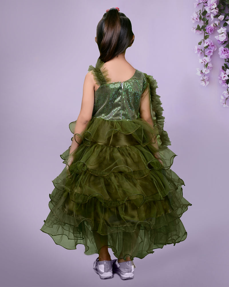Olive Green Sequined Frill Detailed Full Length Dress