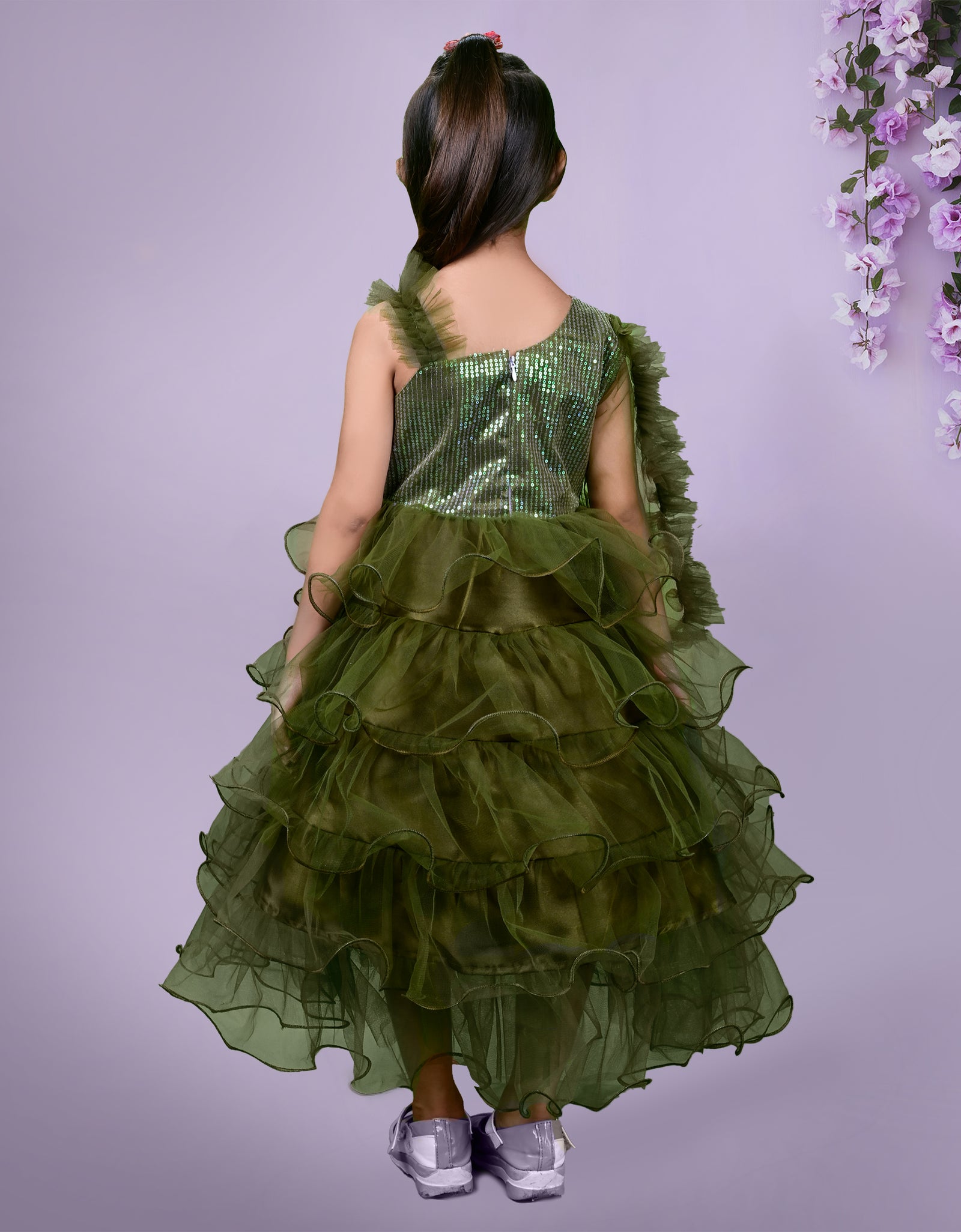 Olive Green Sequined Frill Detailed Full Length Dress