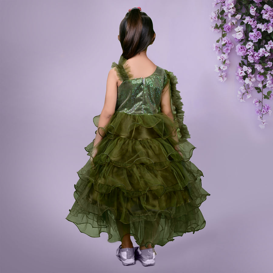 Olive Green Sequined Frill Detailed Full Length Dress