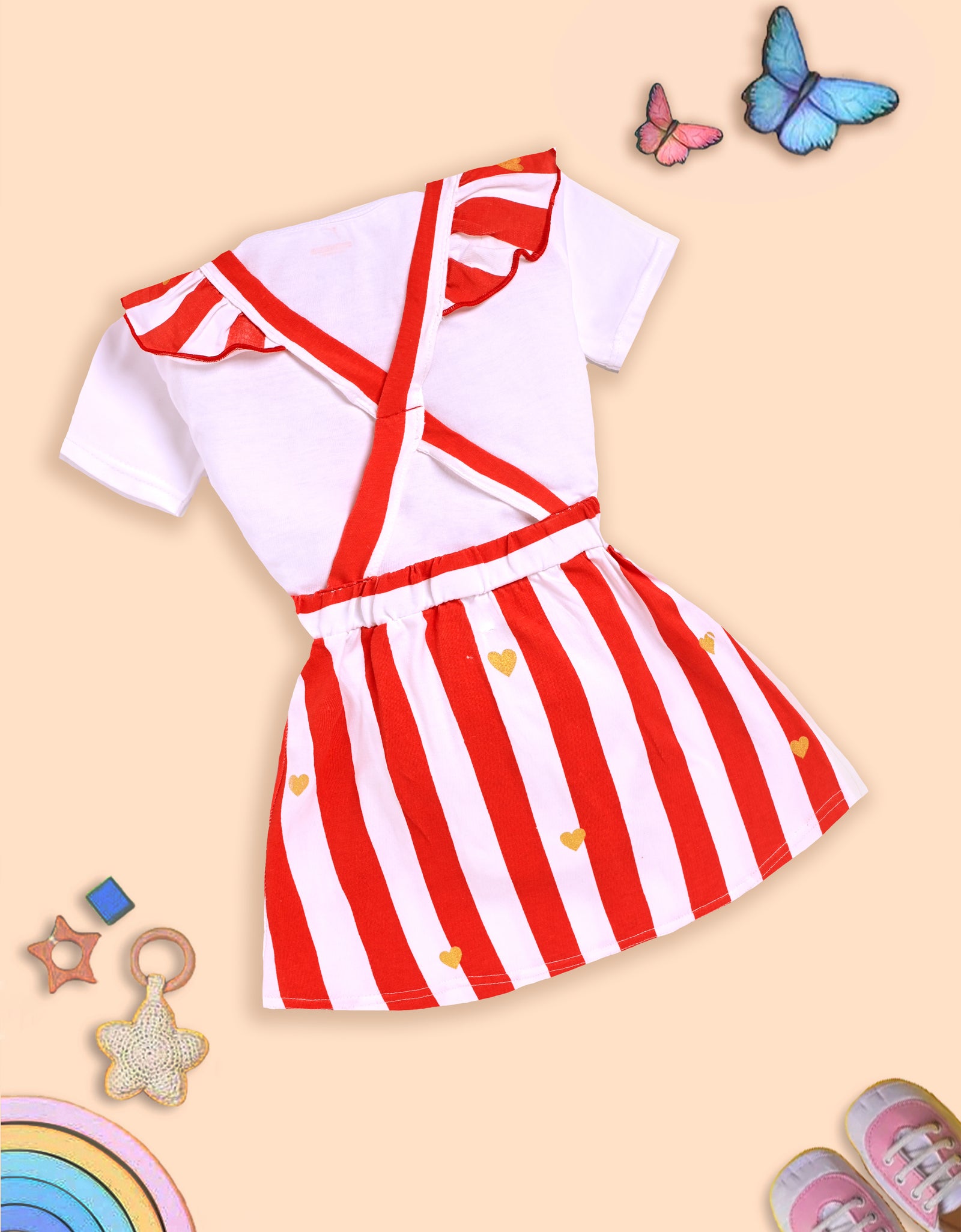 Charming Red and White Striped Dress with Deer Design