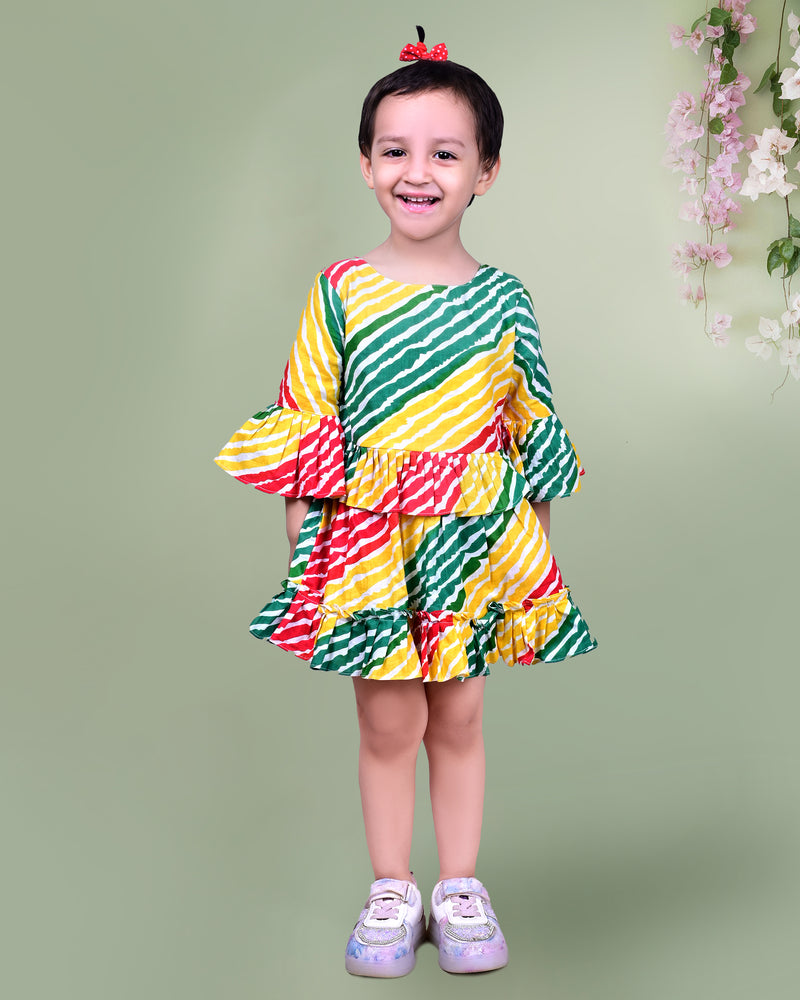 Multicolored Dress with Diagonal Striped Pattern and Ruffled Sleeves