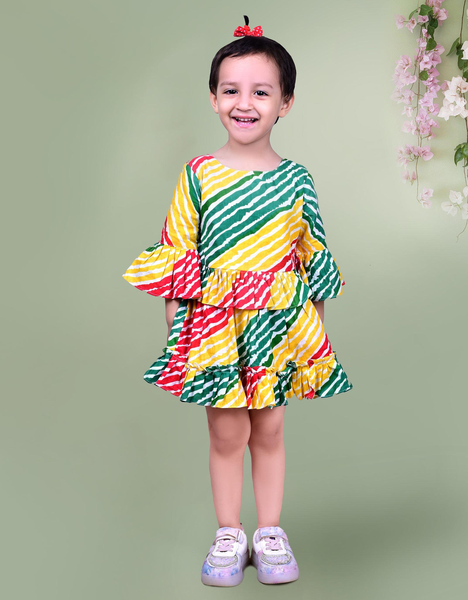 Multicolored Dress with Diagonal Striped Pattern and Ruffled Sleeves