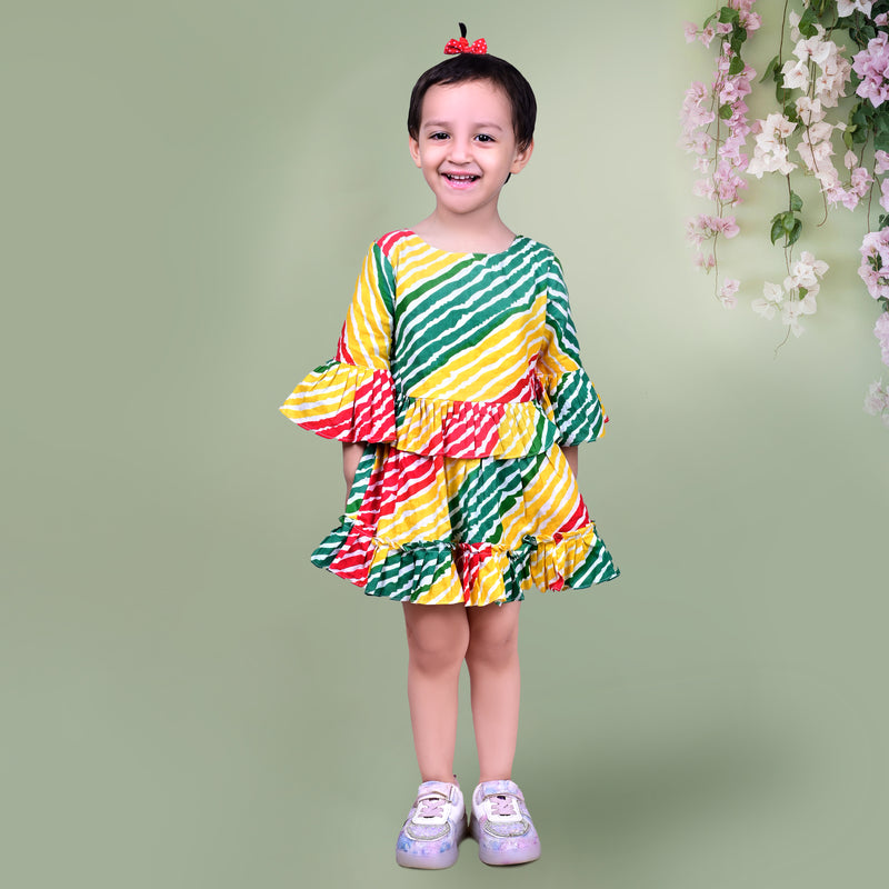 Multicolored Dress with Diagonal Striped Pattern and Ruffled Sleeves