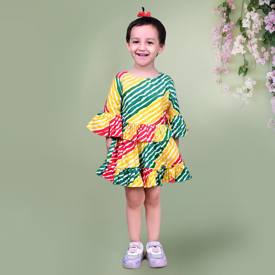 Multicolored Dress with Diagonal Striped Pattern and Ruffled Sleeves